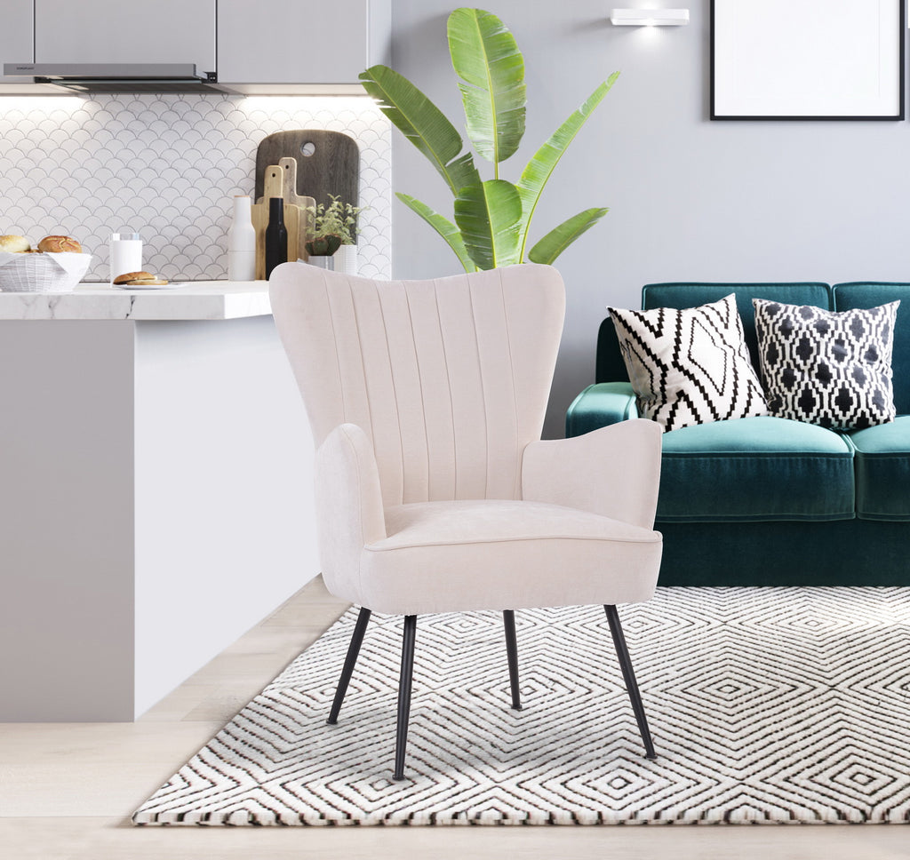 White Upholstered Fabric Accent Chair with Wooden Legs A659