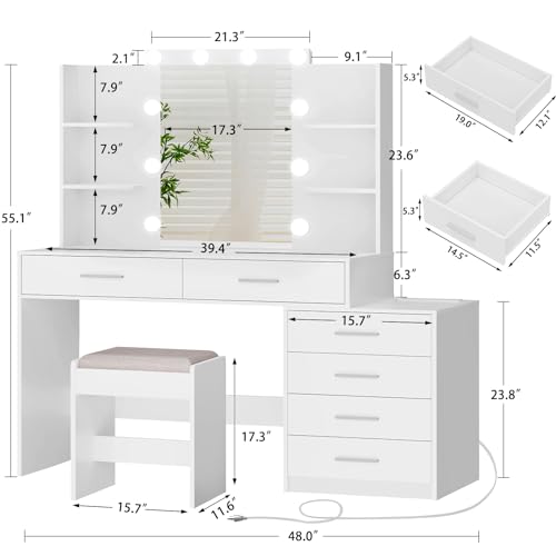 Large White Vanity Desk with Lighted Mirror and Power Outlet Z7711