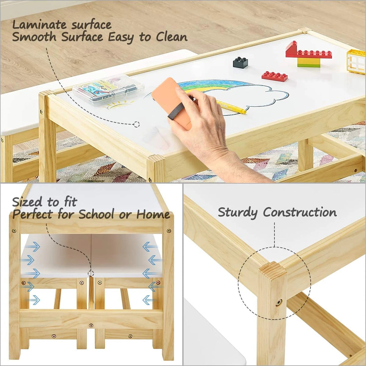 Wooden 3 In 1 Kids Play Table and Bench Chair Set J9092