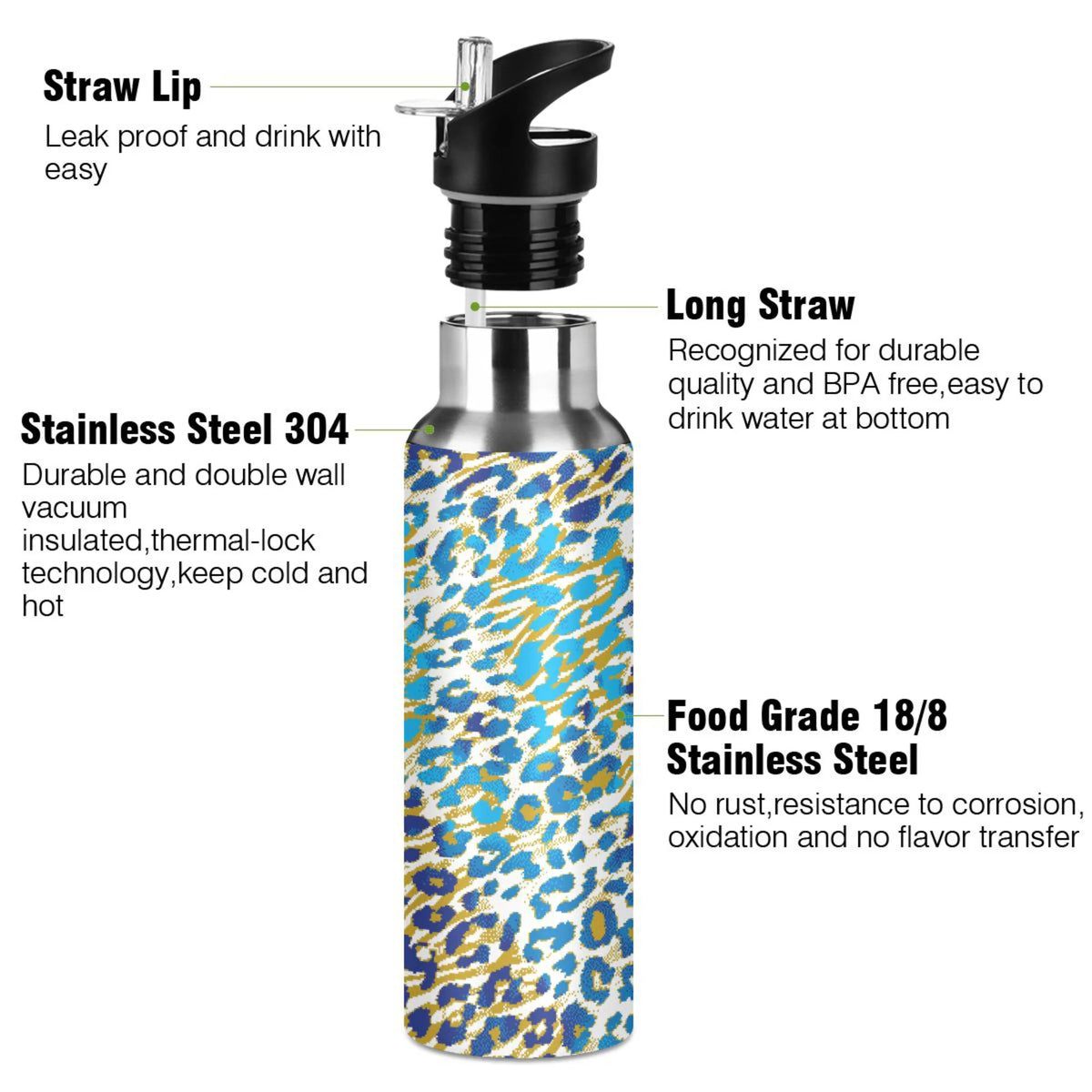 Green Brown Leopard Stainless Steel Vacuum Insulated Water Bottle 20 OZ C37007