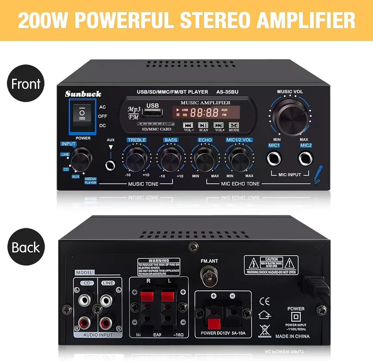 200W Dual Channel Bluetooth Stereo Amplifier Receiver with USB FM Radio Remote Control G644623