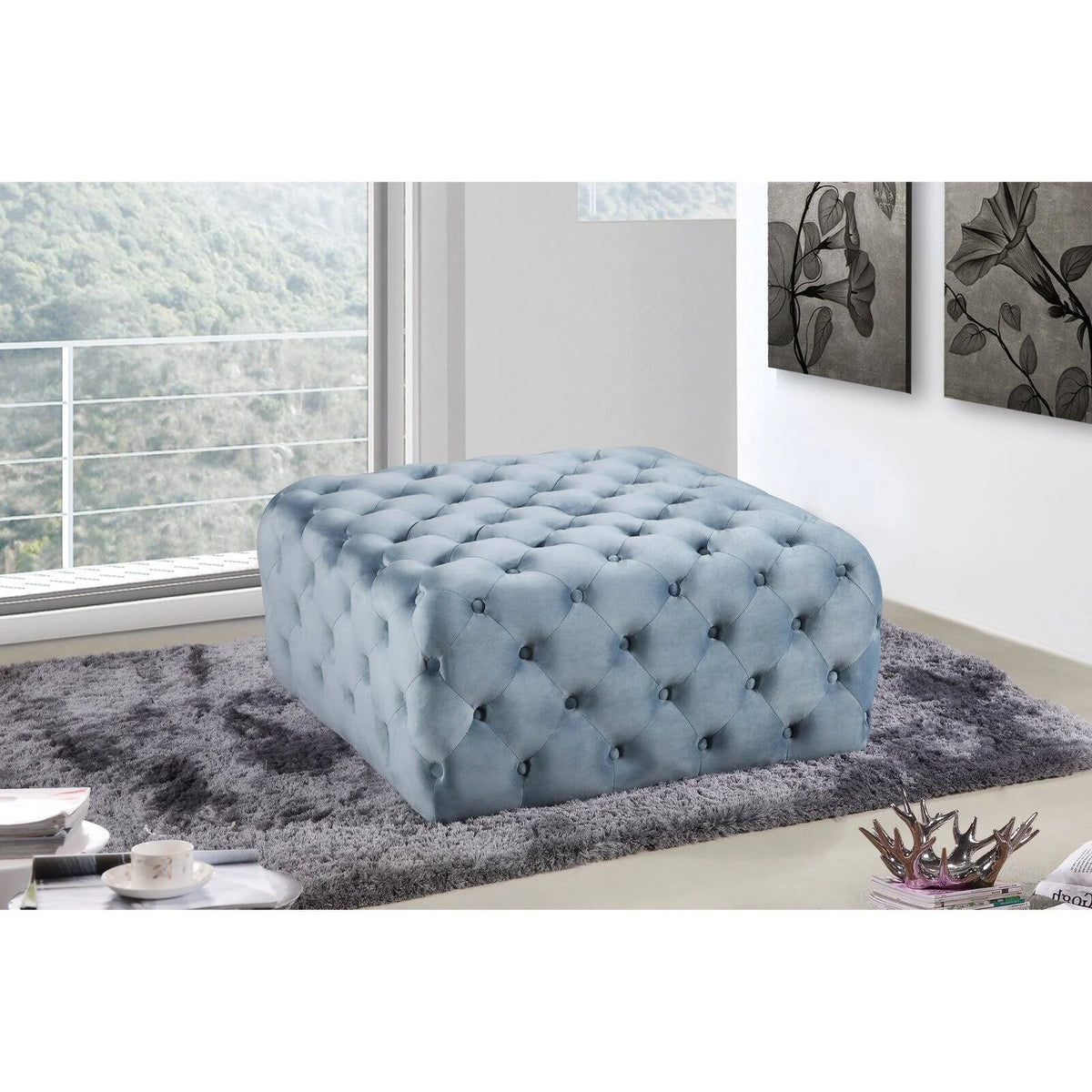 Black Velvet Tufted Ottoman and Bench A471577