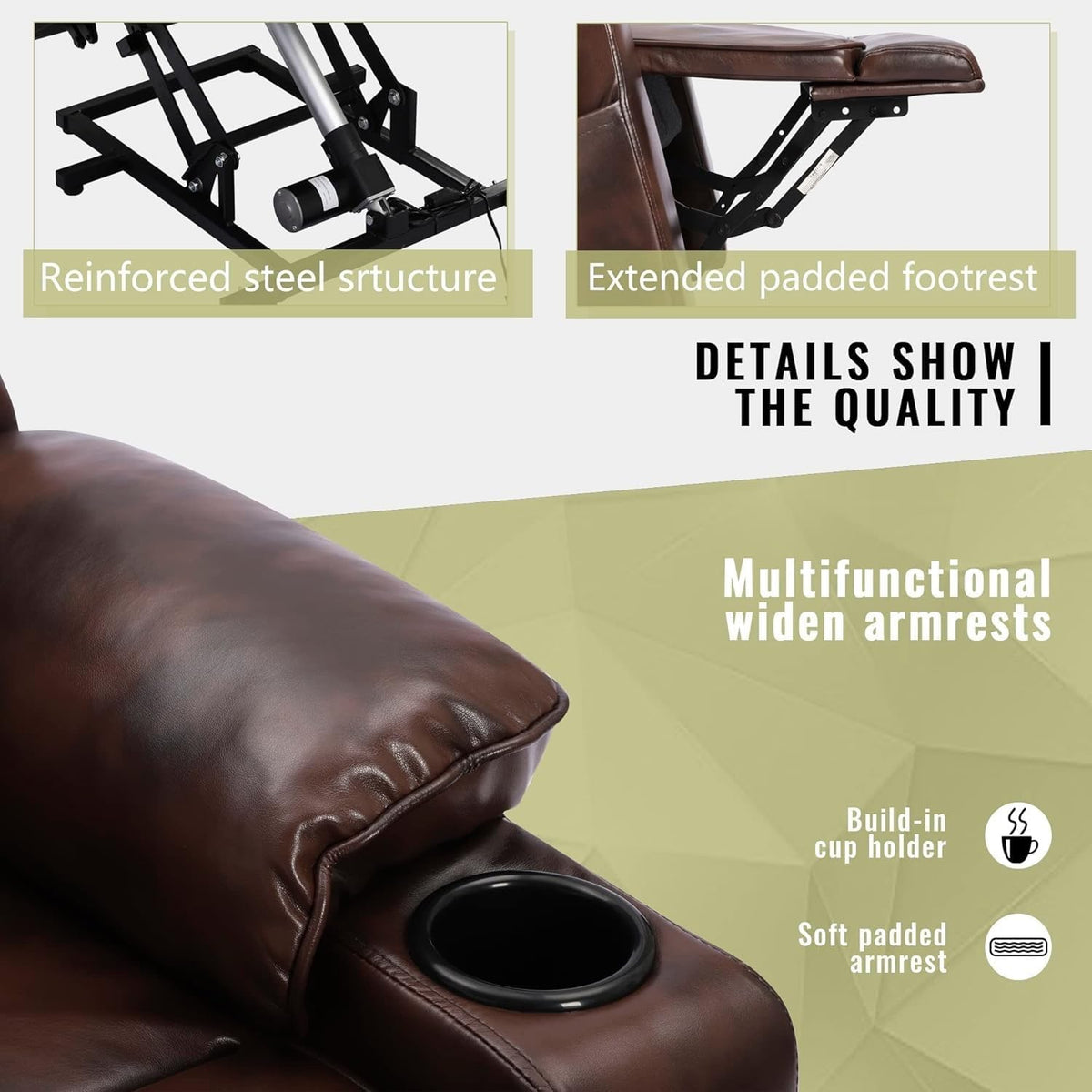 Brown Leather Power Lift Recliner Chair with Massage and Heated A954