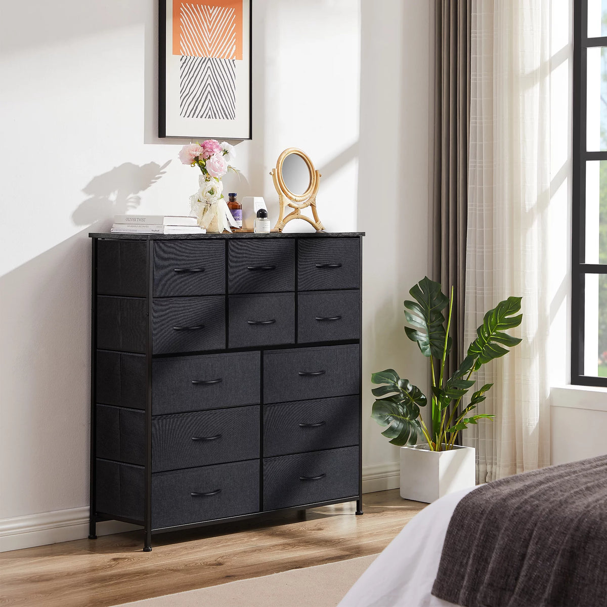 Black 12 Drawer Fabric Storage Dresser with Wood Top P586237