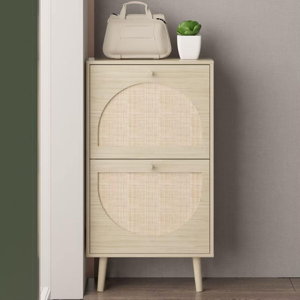 2 Drawers Slim Shoe Cabinet Rattan Shoe Storage Cupboard Organizer Unit with Doors B116