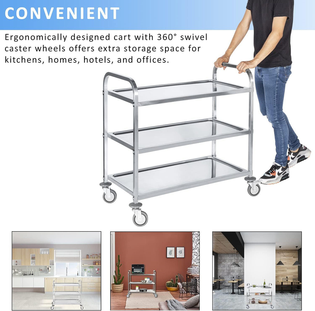 Stainless Steel 3 Tier Rolling Utility Cart with Swivel Locking Wheels D89597
