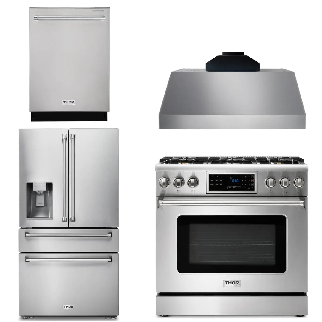 36 Propane Gas Range, Range Hood, Refrigerator with Water and Ice Dispenser, Dishwasher Q82540