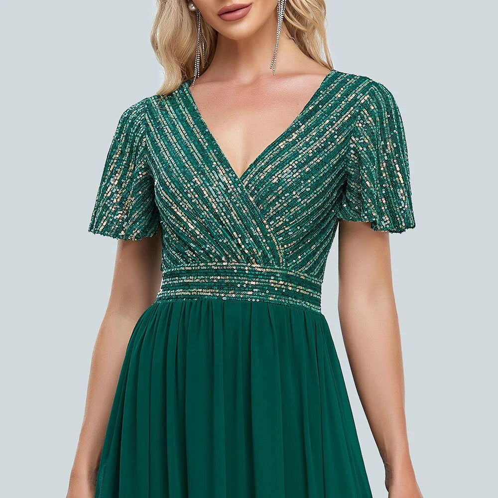 Green V-Neck Sequins Chiffon Formal Gown B296124