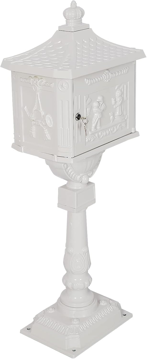 White Cast Aluminum Mailbox with Post and Locking Keys Z9528