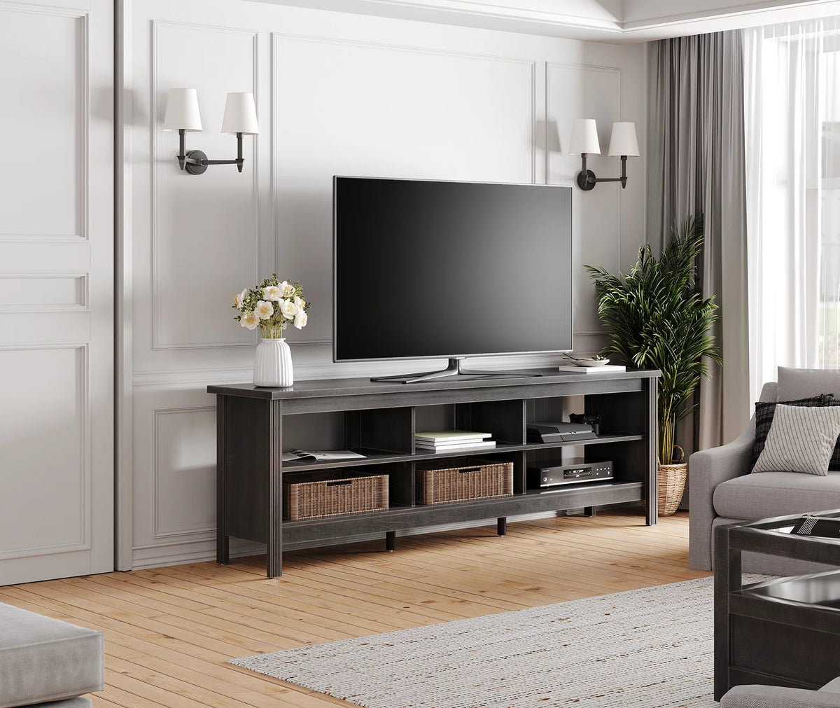 Black Wood TV Stand with 6 Open Shelves B15498