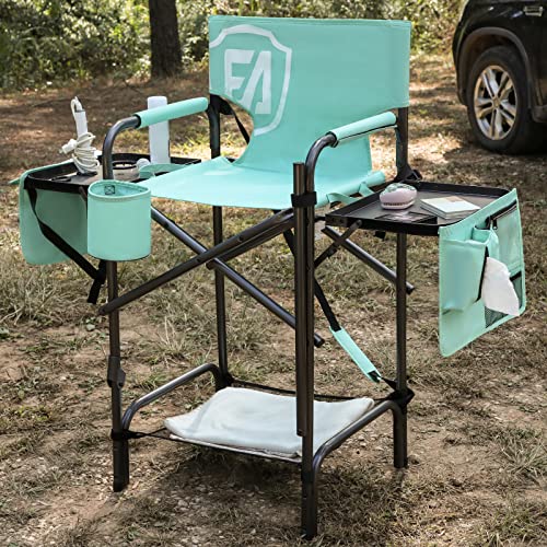 Tall Folding Chair with Side Table Cup Holder Storage Pocket Blue Grey G7408