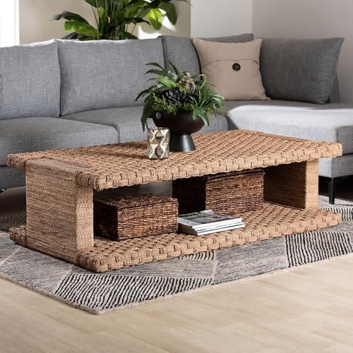 Handwoven Seagrass Coffee Table with Open Shelf L39076