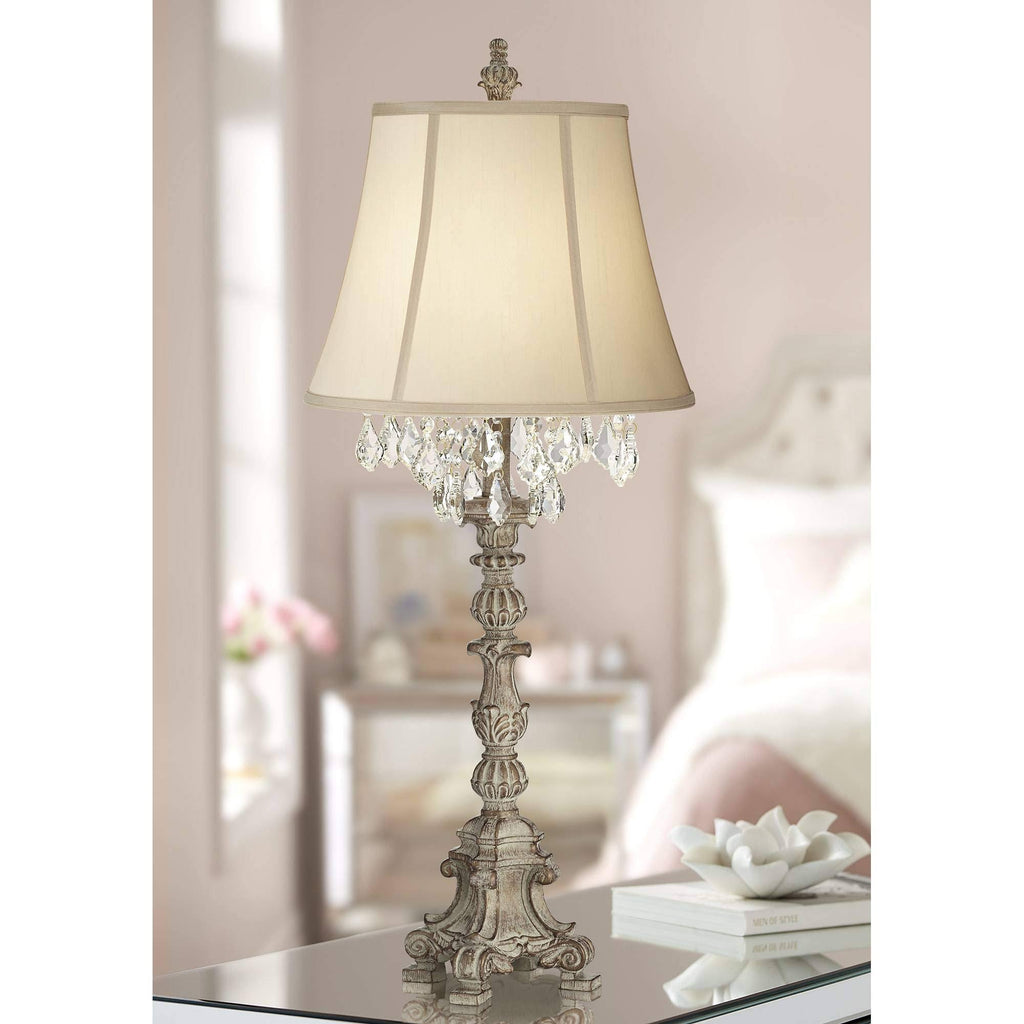 Crystal Antique White Candlestick Table Lamp with Beige Bell Shade H819787