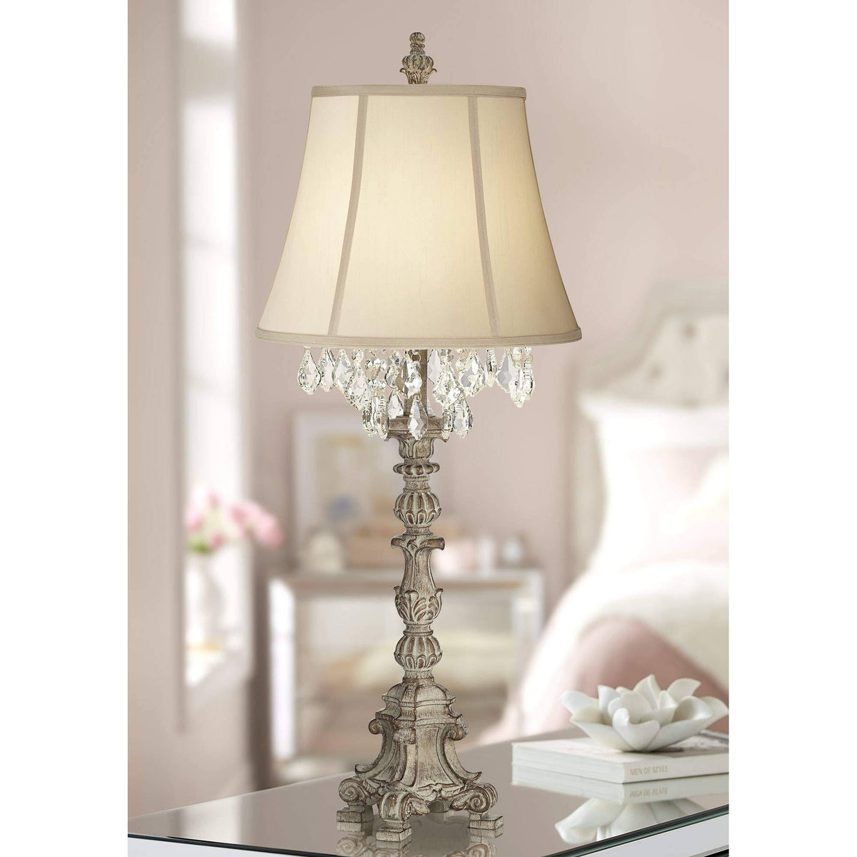 Crystal Antique White Candlestick Table Lamp with Beige Bell Shade H819787