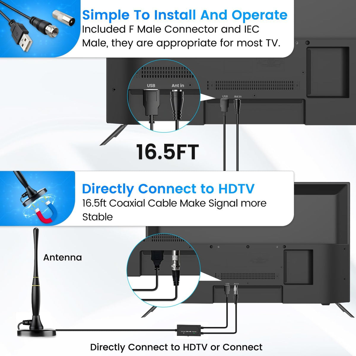 TV Antenna Indoor, 16.5FT Coax Cable Y9023