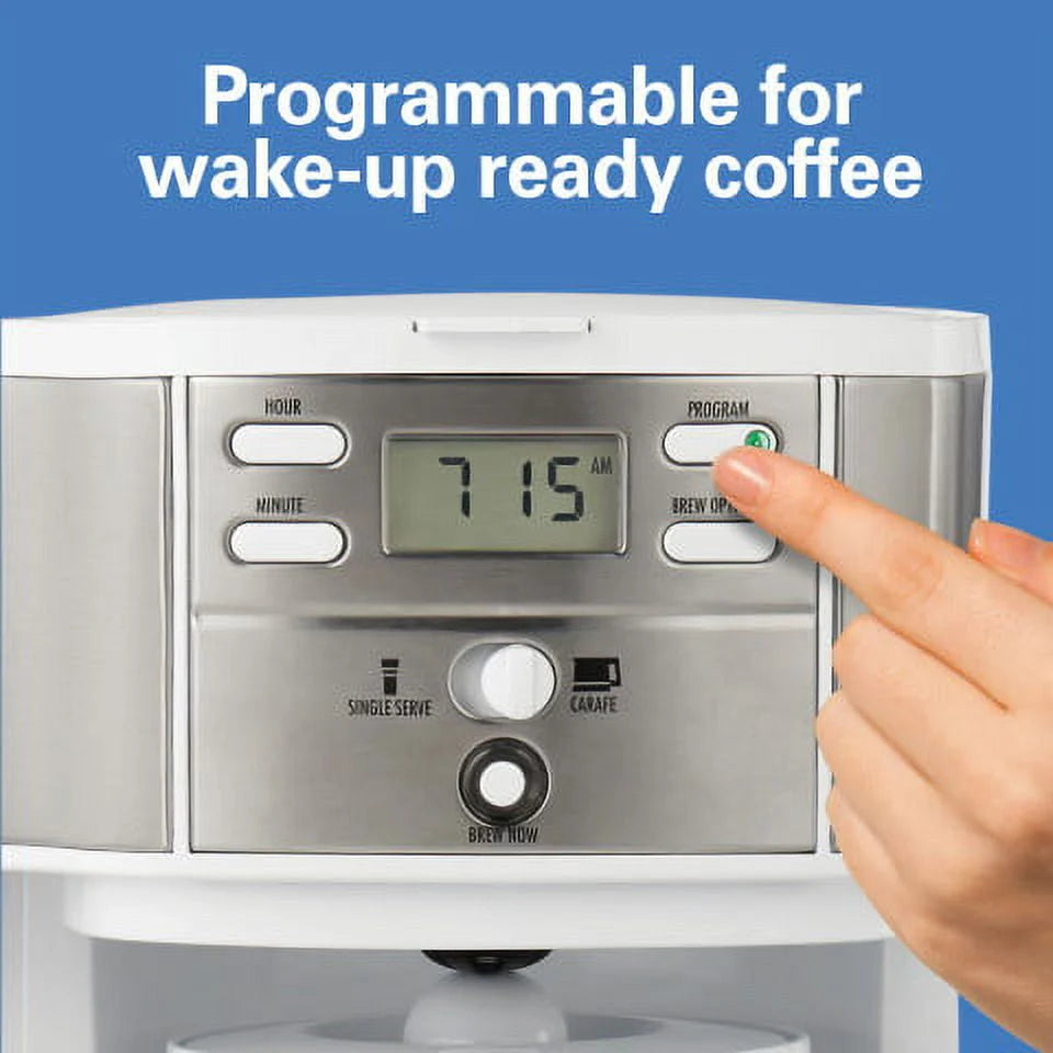 2-Way Programmable Coffee Maker, Single-Serve and 12 Cup Glass Carafe, White V205