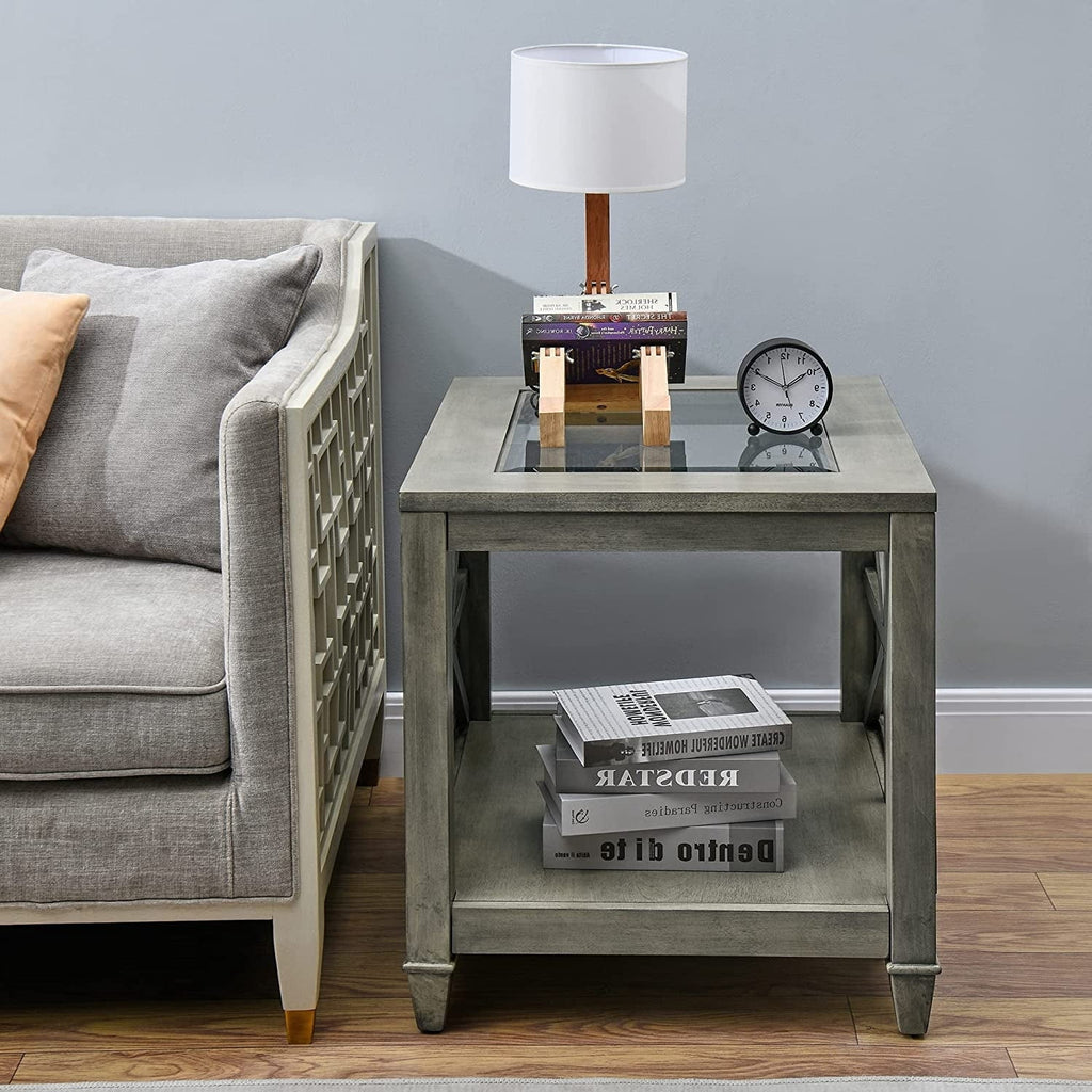 Square Wood End Table with Glass Top Grey D18642