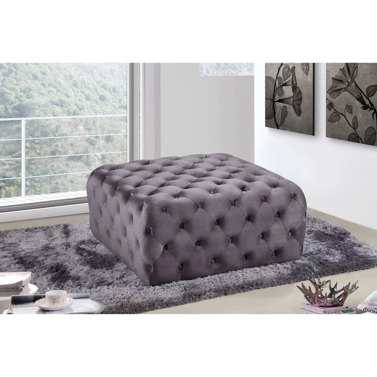 Black Velvet Tufted Ottoman and Bench A471577