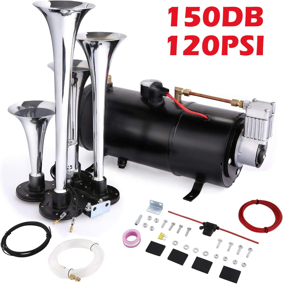 150DB 4 Trumpet Train Horn Kit with 120PSI Air Compressor (Black) H316