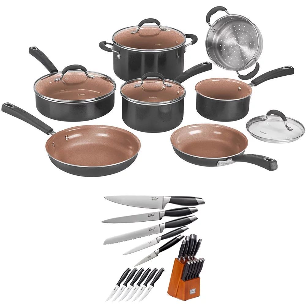 11 Pc Non Stick Cookware Set and 12 Piece Stainless Steel Knife Set R54964