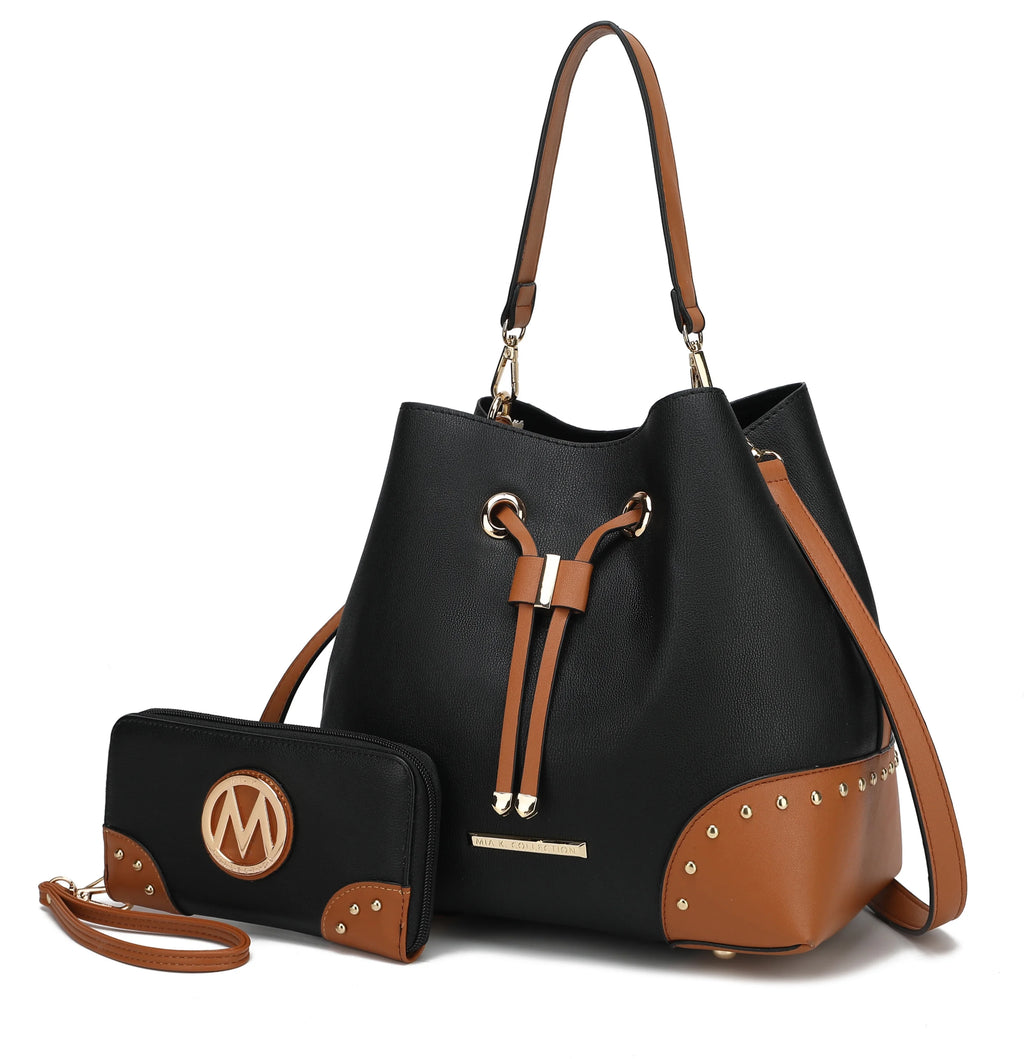 Black Vegan Leather Bucket Bag & Wristlet Wallet 2-Piece Set T5144