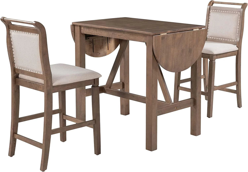 3-Piece Wood Counter Height Dining Table Set with 2 Upholstered Chairs and Drop Leaf A556
