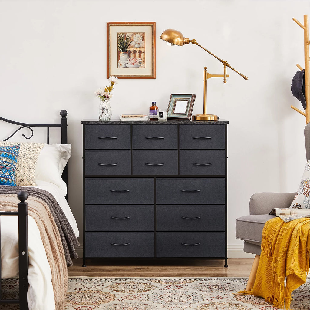 Black 12 Drawer Fabric Storage Dresser with Wood Top P586237