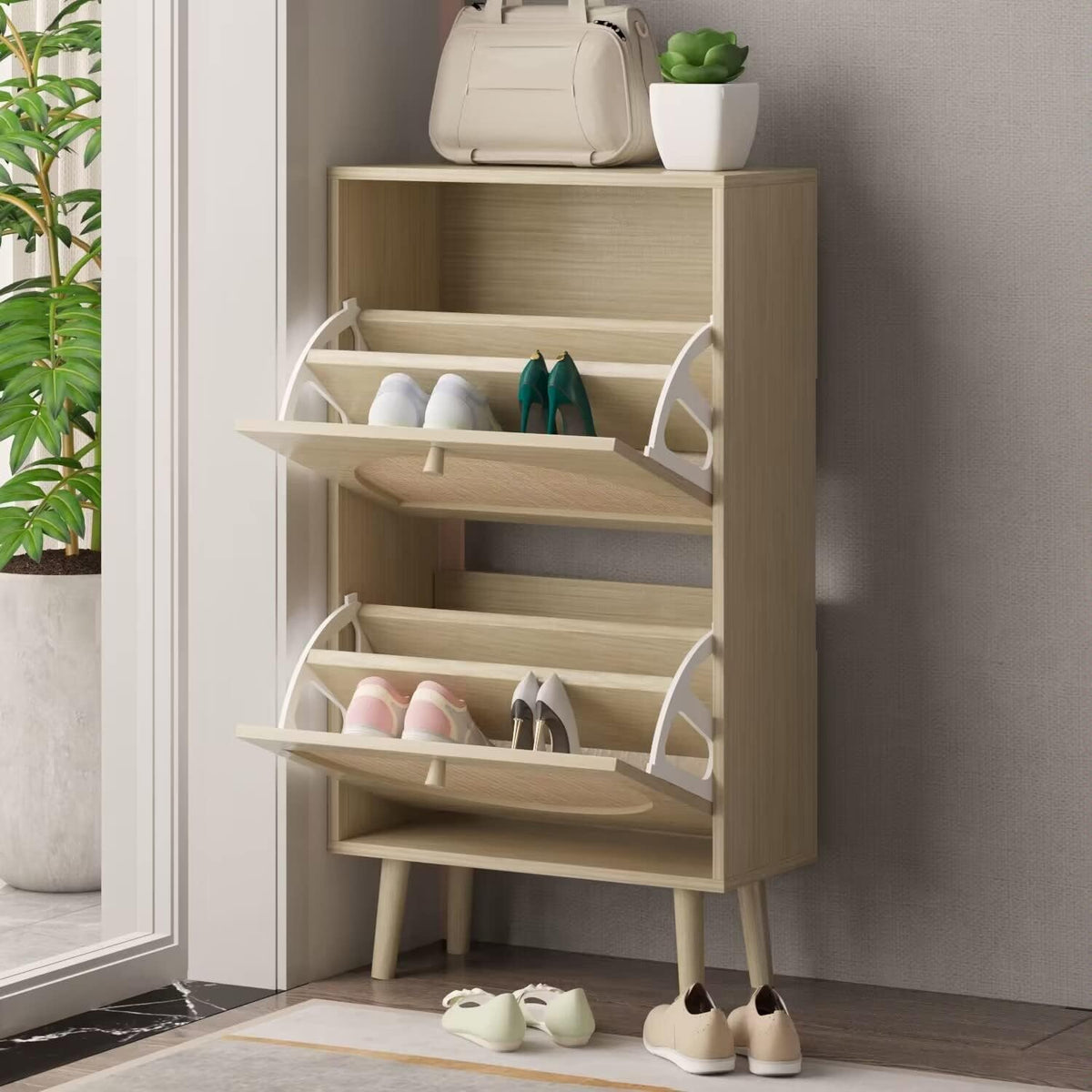 2 Drawers Slim Shoe Cabinet Rattan Shoe Storage Cupboard Organizer Unit with Doors B116