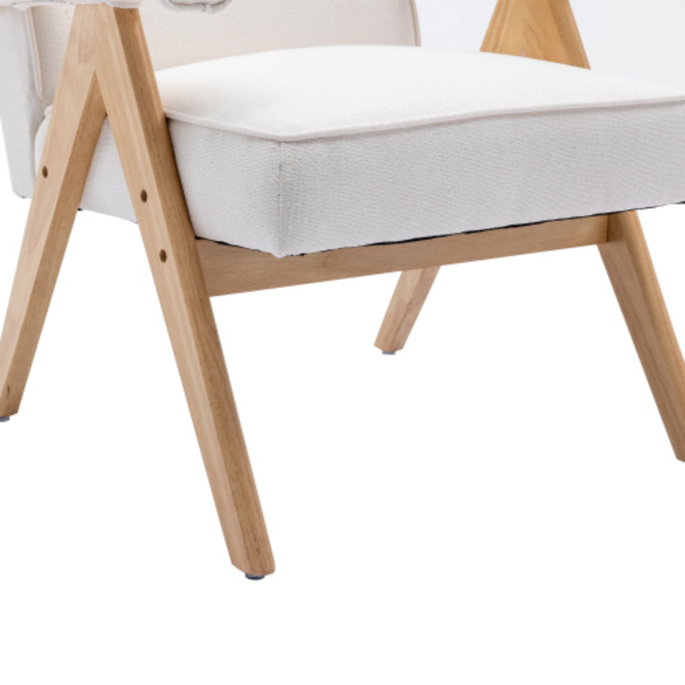 Beige Linen Mid-Century Modern Accent Chair with Solid Wood Armrest and Feet N761201