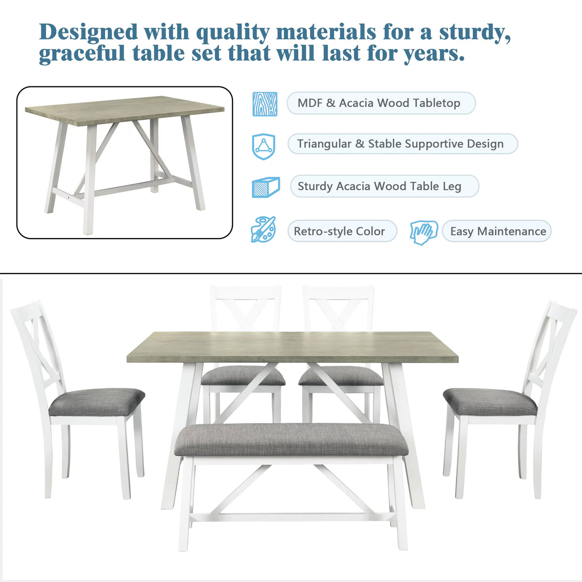 6 Piece Wood Dining Table Set with Bench and 4 Chairs T146116