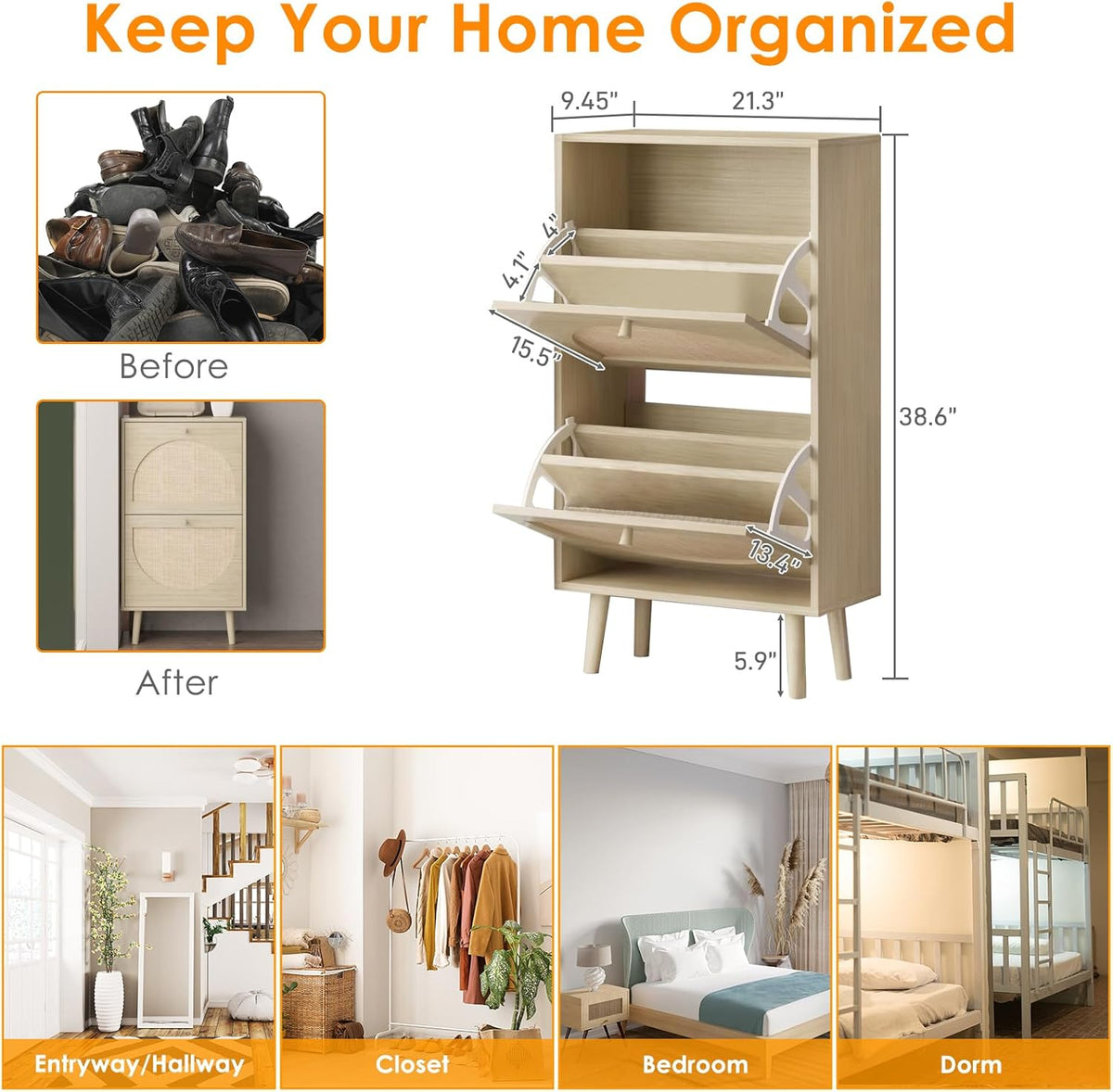 2 Drawers Slim Shoe Cabinet Rattan Shoe Storage Cupboard Organizer Unit with Doors B116