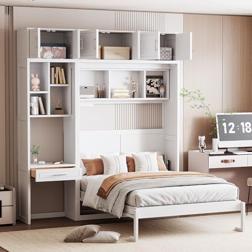 White Full Size Wall Murphy Bed with Built-in Desk & Shelves X812638