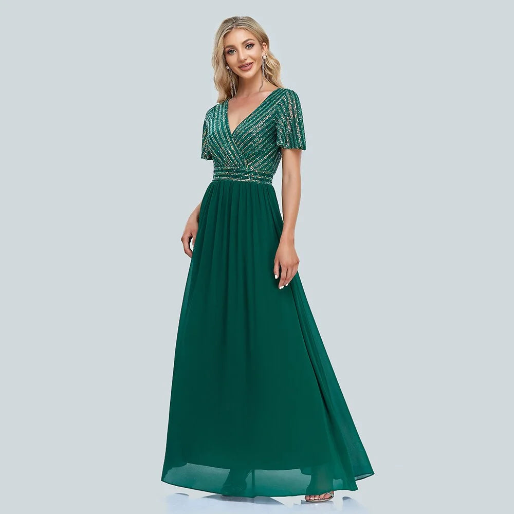 Green V-Neck Sequins Chiffon Formal Gown B296124