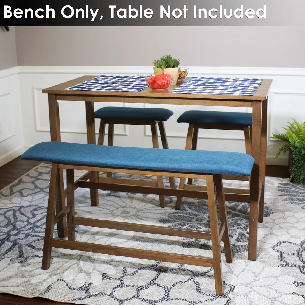 Wooden Counter-Height Dining Bench with Blue Cushion U2002
