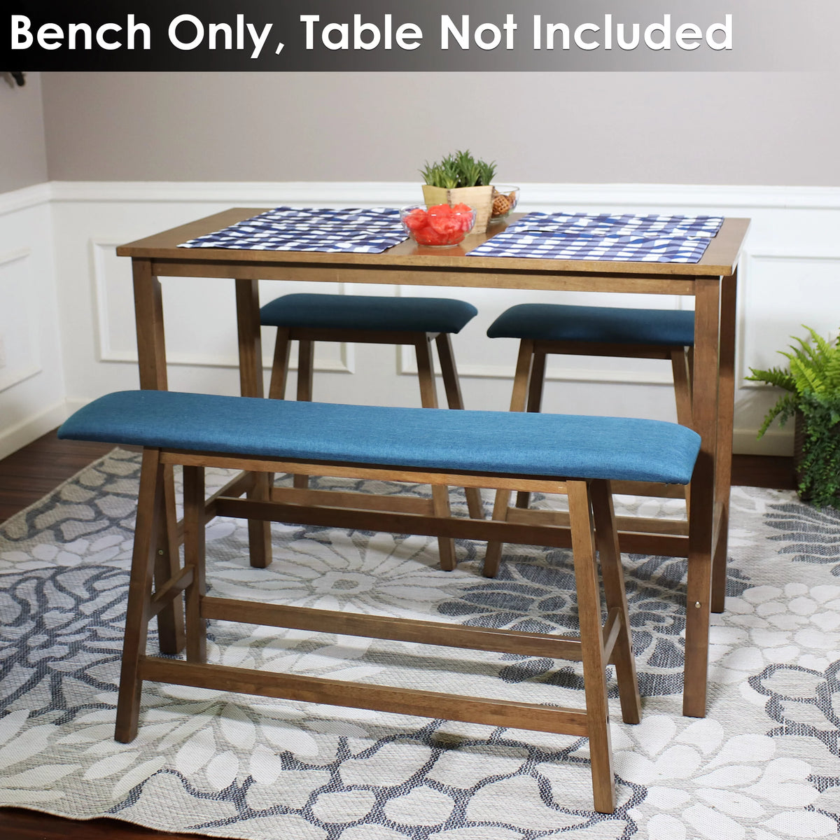 Wooden Counter-Height Dining Bench with Blue Cushion U2002