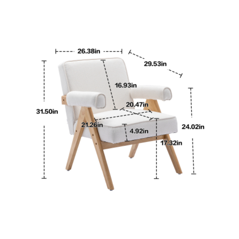 Beige Linen Mid-Century Modern Accent Chair with Solid Wood Armrest and Feet N761201