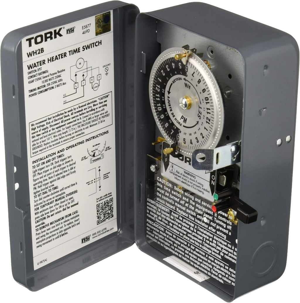 Mechanical Water Heater Time Switch, 24-Hour, 208/250V, 40A, DPST, Gray C9193