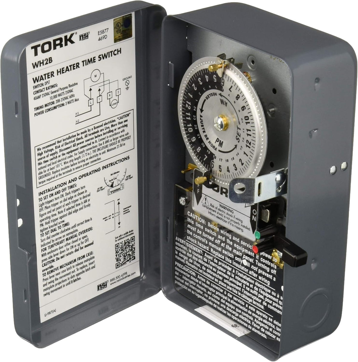 Mechanical Water Heater Time Switch, 24-Hour, 208/250V, 40A, DPST, Gray C9193