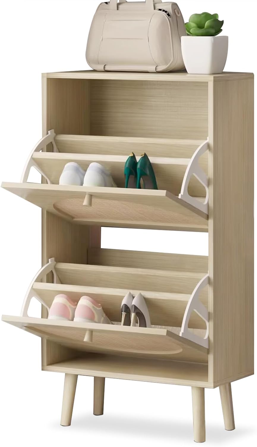 2 Drawers Slim Shoe Cabinet Rattan Shoe Storage Cupboard Organizer Unit with Doors B116