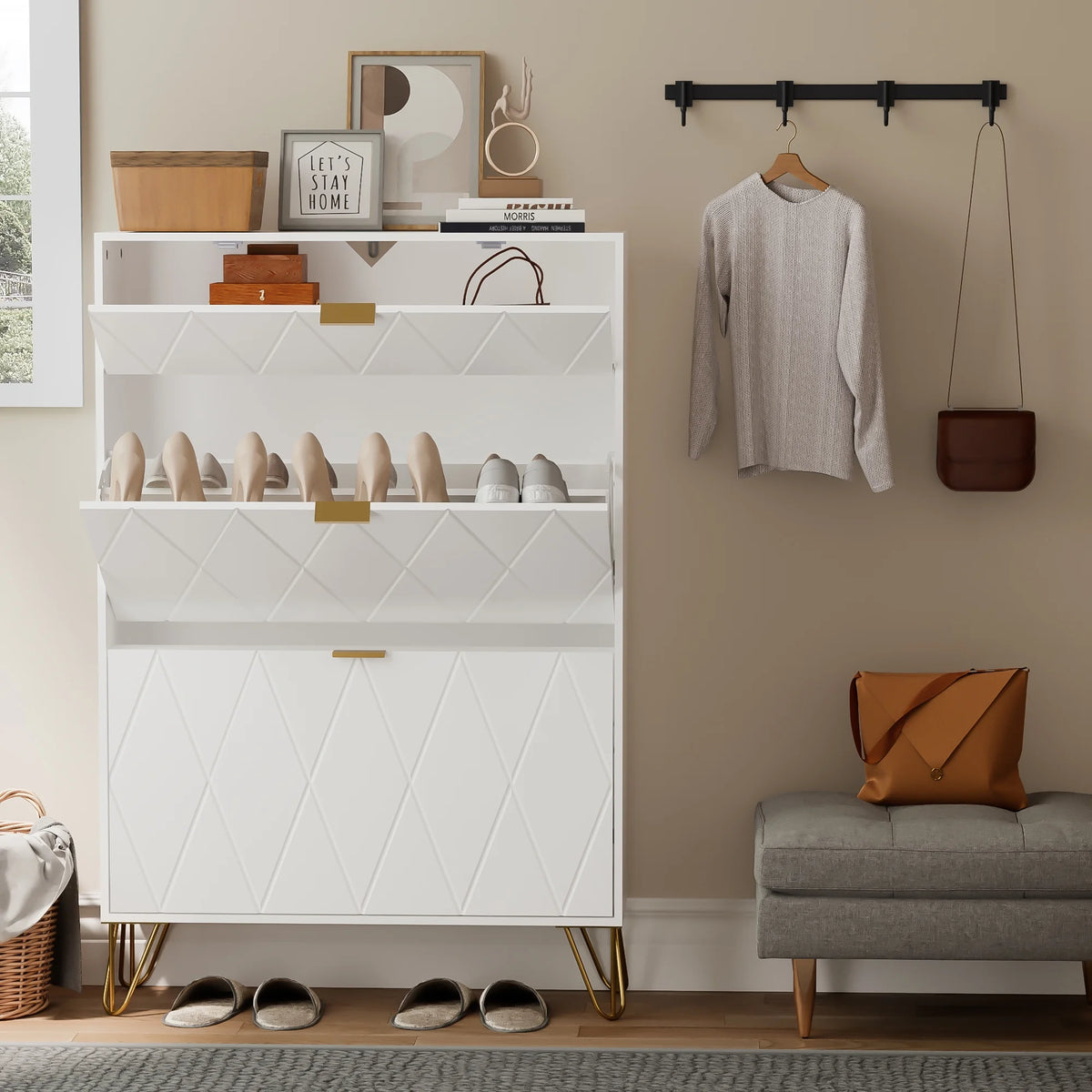 White Flip Down Shoe Cabinet Y474
