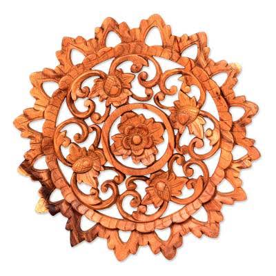 Lotus Blossom Circle Floral Wood Relief Panel Wall Décor K917