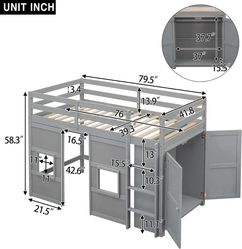 Gray Wood Loft Bed Frame with Wardrobe and Storage W8986