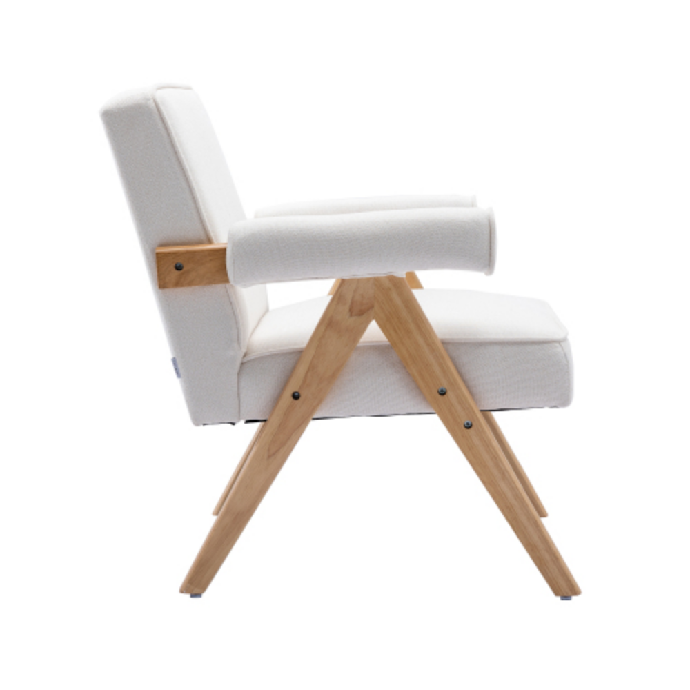 Beige Linen Mid-Century Modern Accent Chair with Solid Wood Armrest and Feet N761201