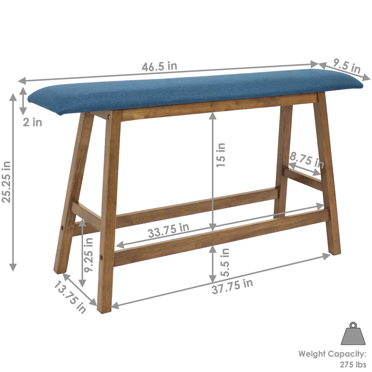 Wooden Counter-Height Dining Bench with Blue Cushion U2002