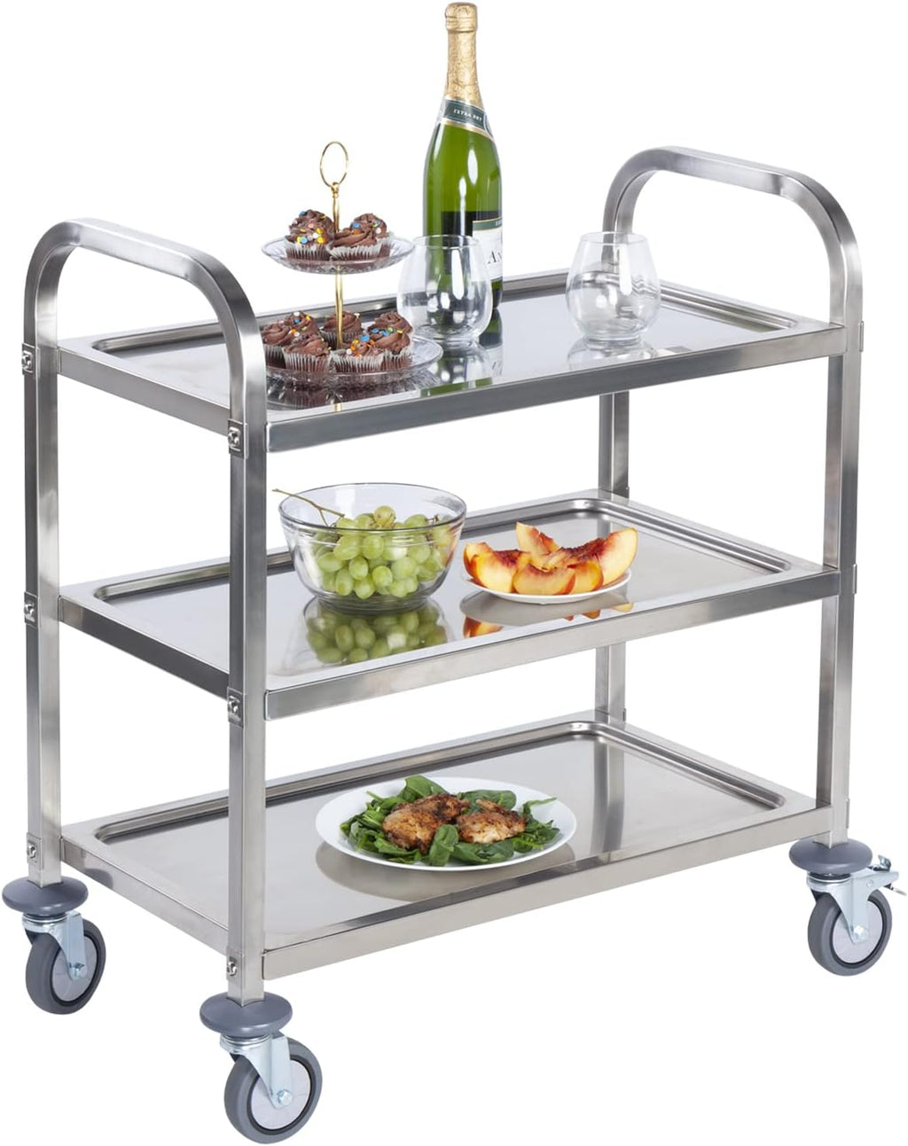 Stainless Steel 3 Tier Rolling Utility Cart with Swivel Locking Wheels D89597