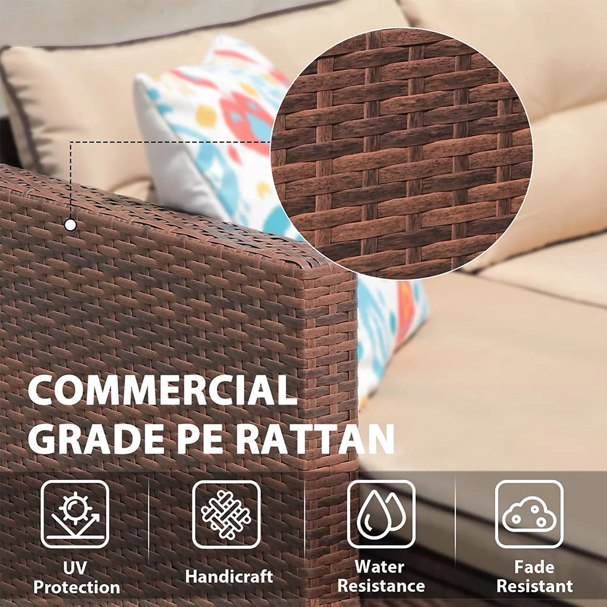 Beige 4 Piece Outdoor Wicker Sectional Sofa with Fire Pit Table J32701