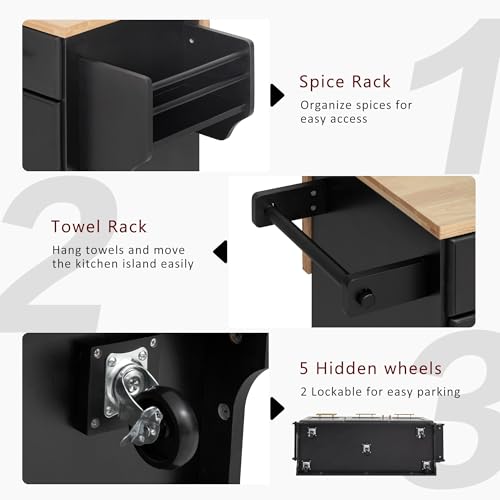 Black Kitchen Island with Storage and Drop Leaf V144