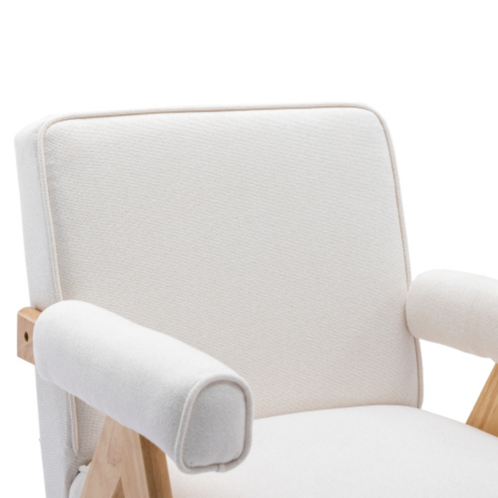 Beige Linen Mid-Century Modern Accent Chair with Solid Wood Armrest and Feet N761201