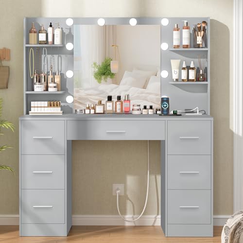 Large White Vanity Desk with Lighted Mirror and Power Outlet Z7711