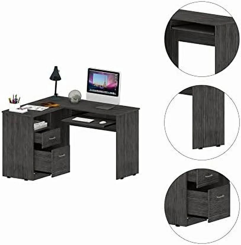 Walnut Wood Computer Desk with Drawers and Bookshelf M589